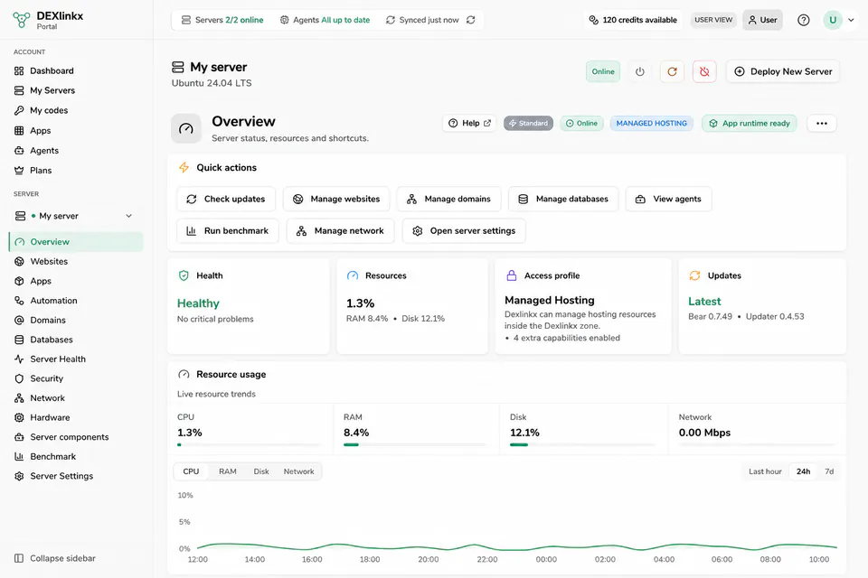 Dexlinkx server dashboard showing server health, resources, quick actions and system status